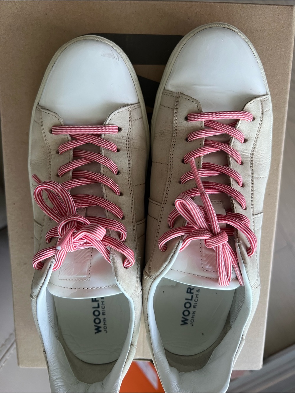 Woolrich Beige Leather Sneakers with Pink-Striped Laces